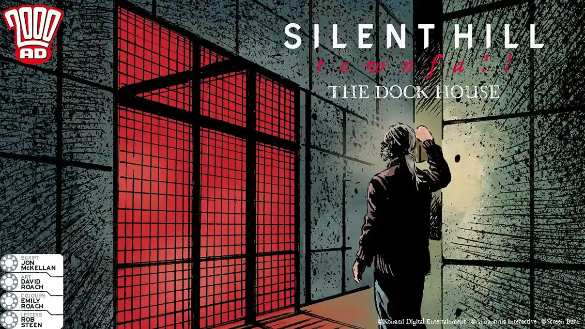 Portada del cómic Silent Hill: Townfall - The Dock House, con un hombre de espaldas frente a una pared de ventanas iluminada de rojo