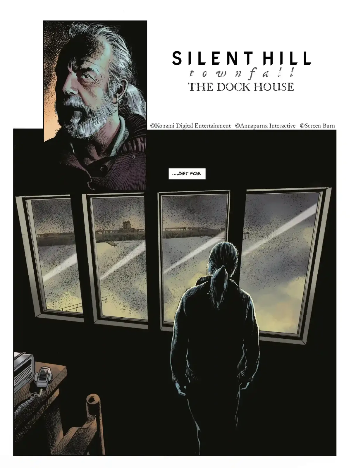 Página del cómic de Silent Hill: Townfall con el retrato de Douglas, el capitán de puerto de St. Amelia