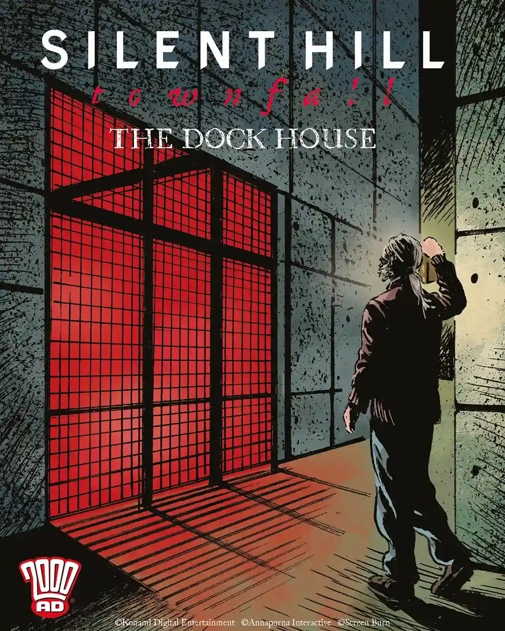 Portada vertical de Silent Hill: Townfall - The Dock House publicada por 2000 AD, con el pasillo de ventanas rojas