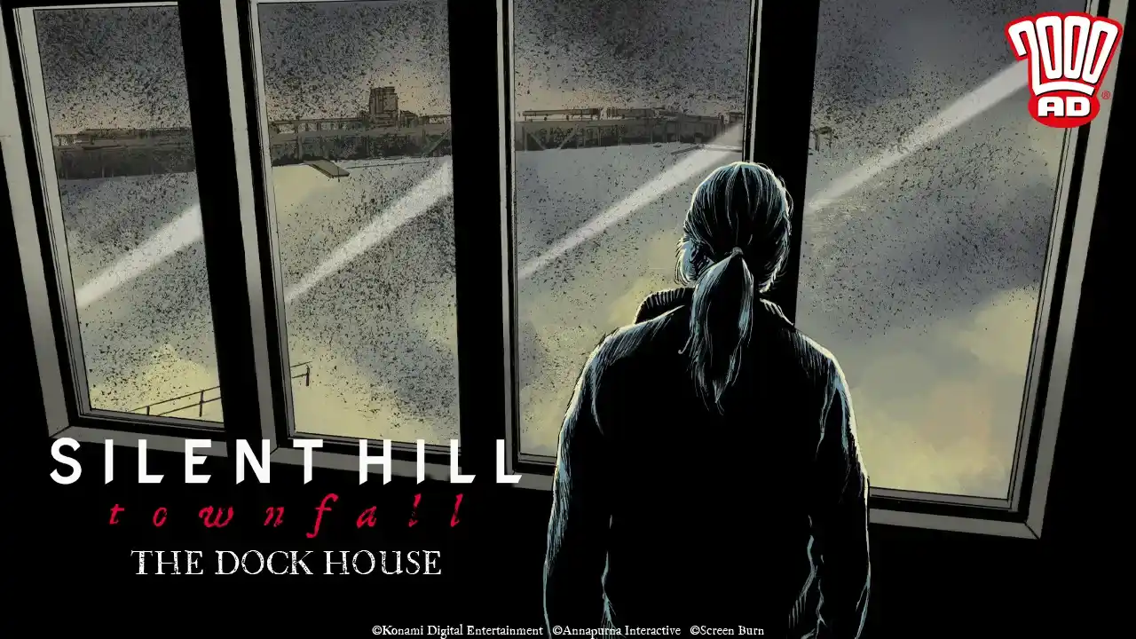 Arte de Silent Hill: Townfall - The Dock House con una figura mirando el puerto de St. Amelia a través de los ventanales