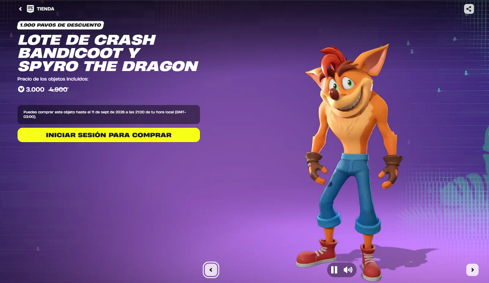 Lote de Crash Bandicoot y Spyro the Dragon en la tienda de Fortnite a 3.000 V-Bucks