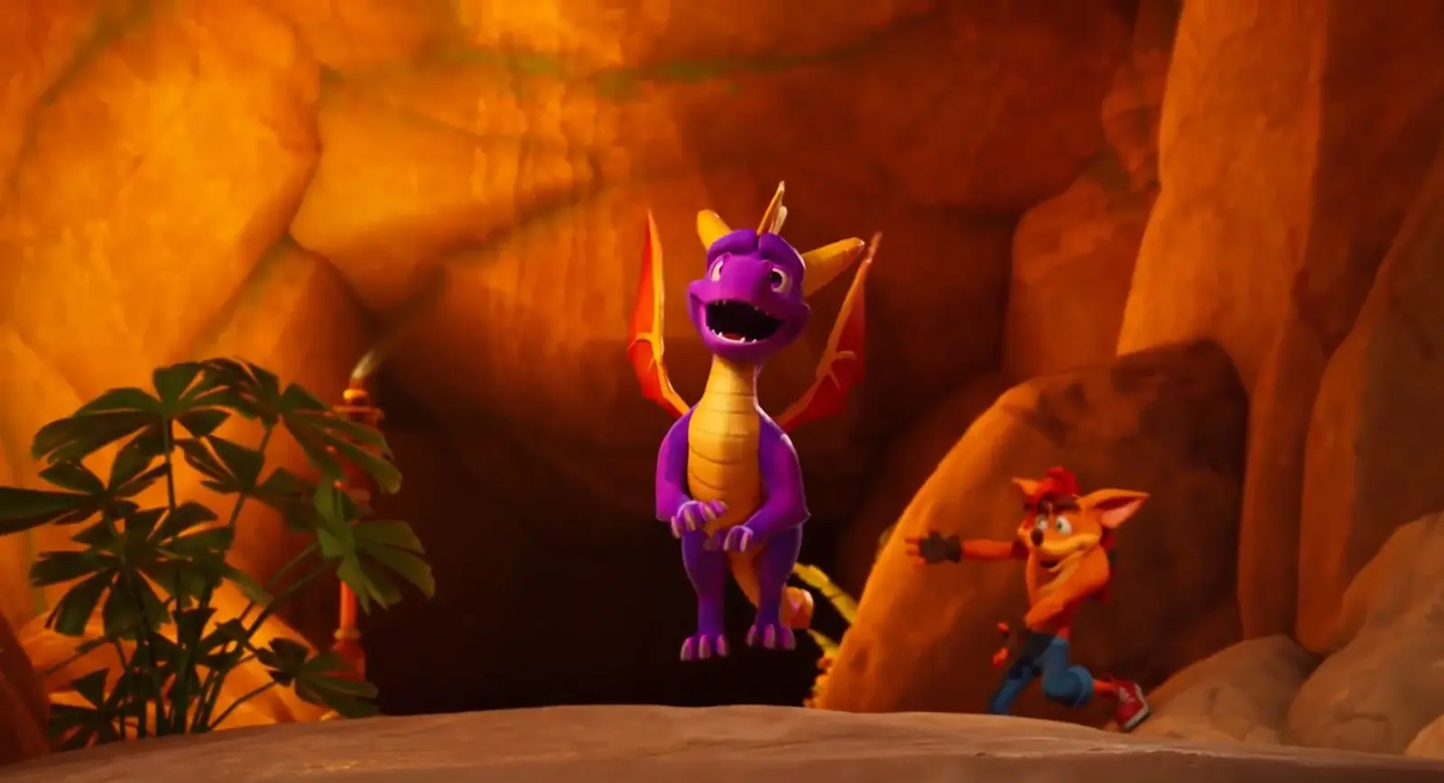 Spyro el Dragón junto a Crash Bandicoot en una cueva, en la colaboración con Fortnite