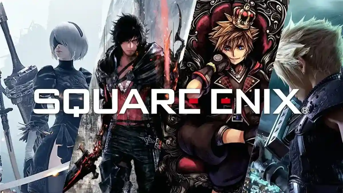 Collage de personajes de las franquicias de Square Enix junto al logo de la compañía
