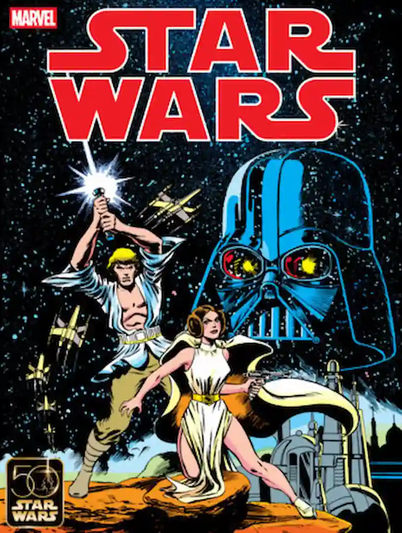 Tapa de Star Wars: A New Hope 50th Anniversary Deluxe Edition de Marvel, con Luke Skywalker blandiendo su sable de luz, la princesa Leia y el casco de Darth Vader de fondo