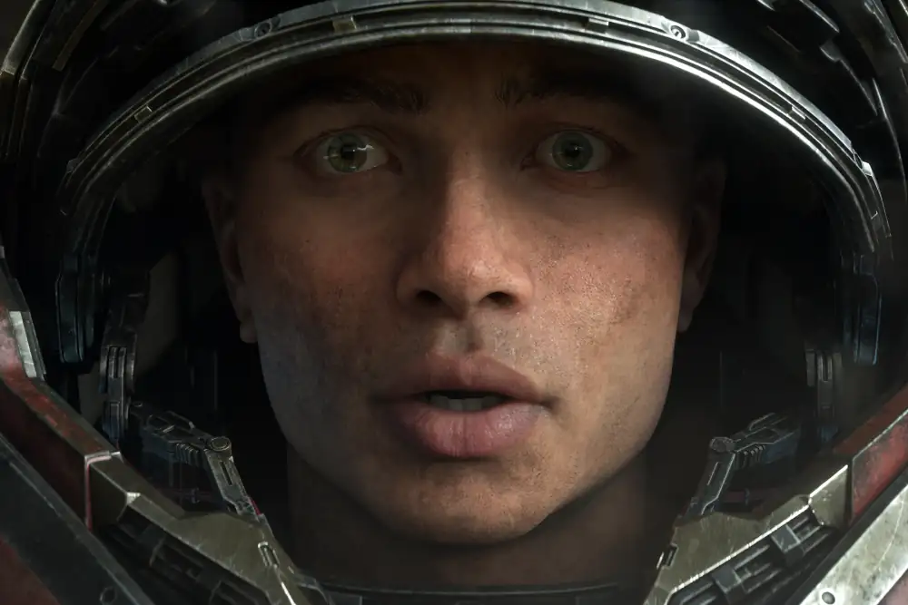Primer plano de un marine con casco en Dominion, la cinemática de anuncio del nuevo StarCraft