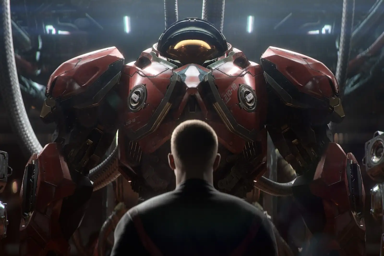 Un soldado frente a una armadura de marine en la cinemática de anuncio del nuevo StarCraft