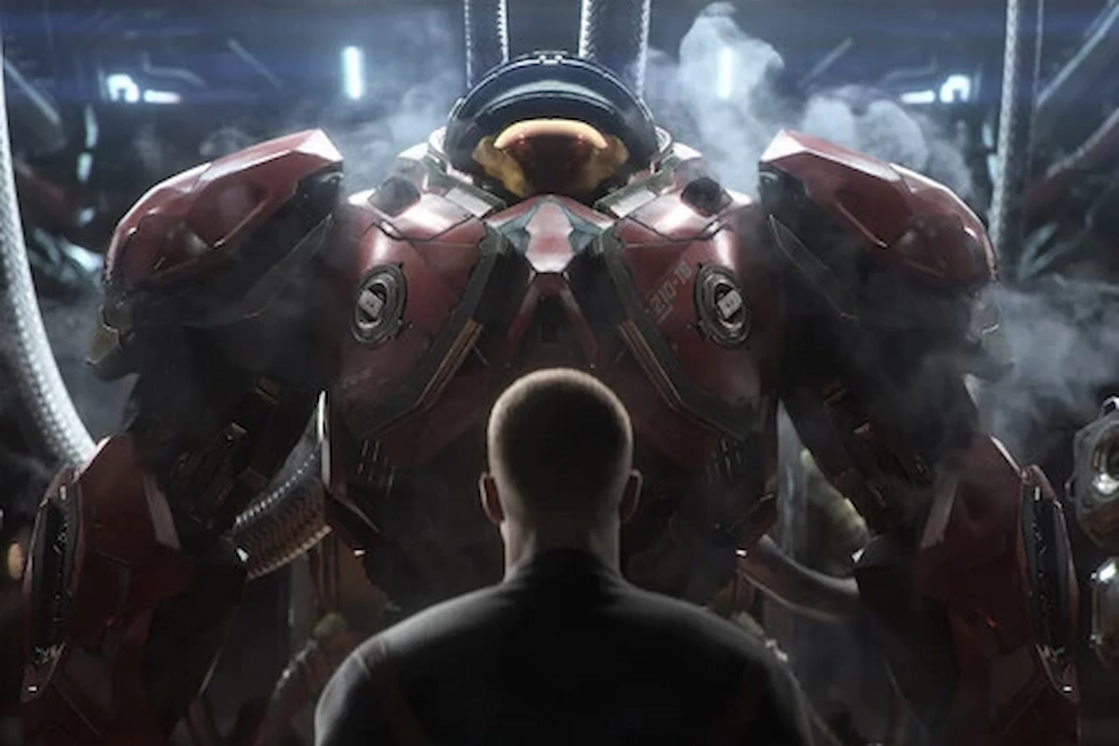 Un soldado frente a una armadura de marine terran en el arte del nuevo shooter de StarCraft