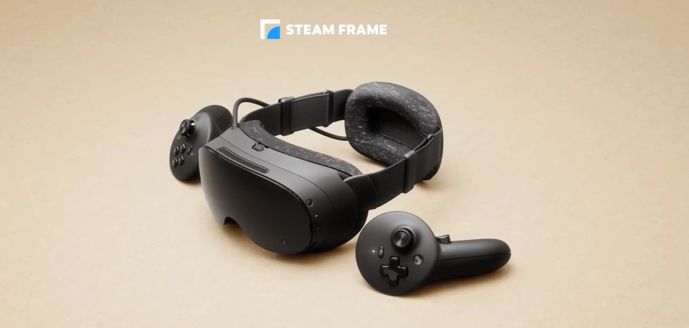Steam Frame con su correa y los controles, en una imagen oficial de Valve