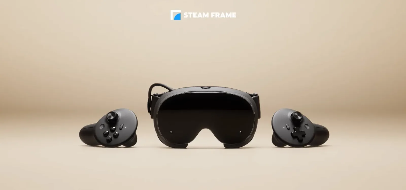 El visor Steam Frame y sus dos controles, en una imagen oficial de Valve