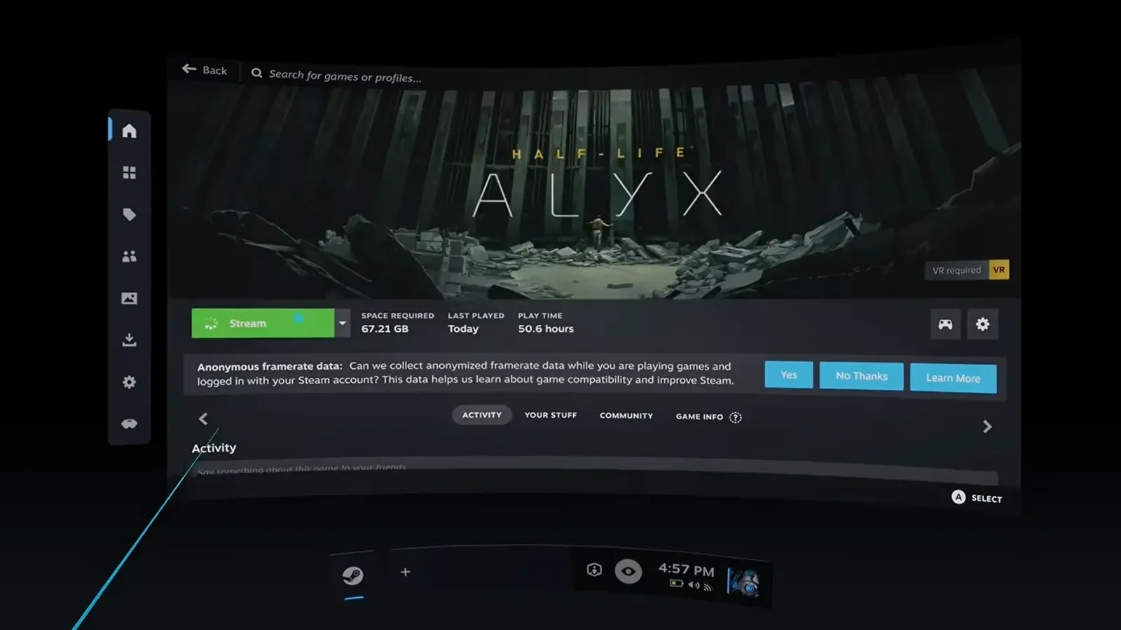 Pantalla de Half-Life: Alyx en la interfaz de SteamOS vista desde Steam Frame