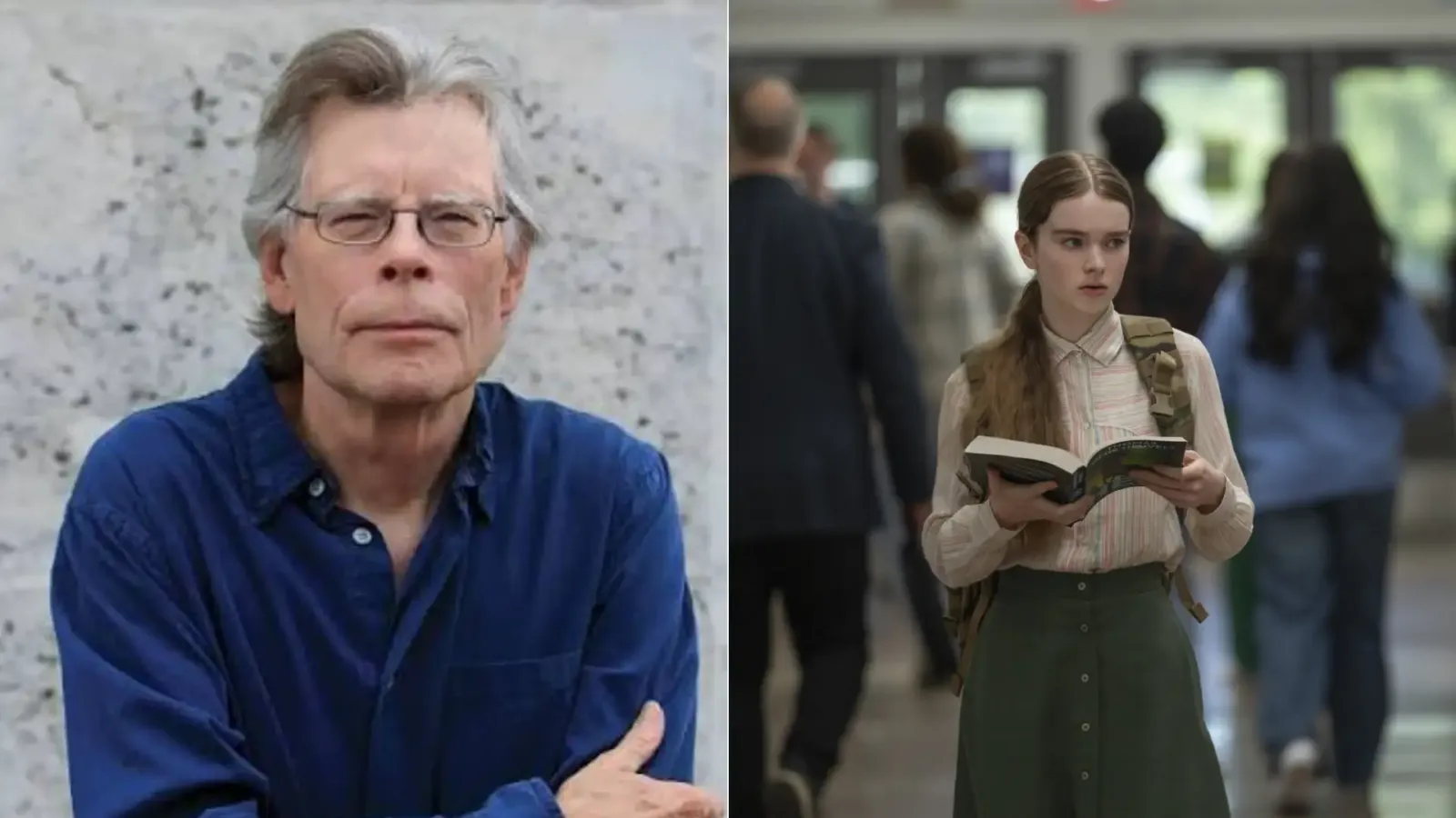 Stephen King junto a una imagen de Carrie White leyendo en el pasillo del colegio, en la serie de Prime Video