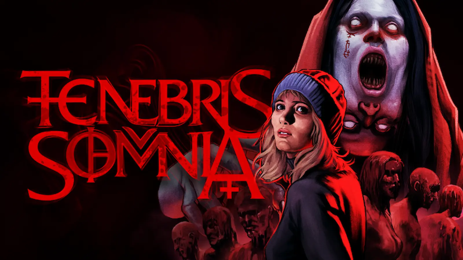 Arte oficial de Tenebris Somnia: la protagonista de gorro rojo y, detrás, una figura fantasmal de ojos blancos