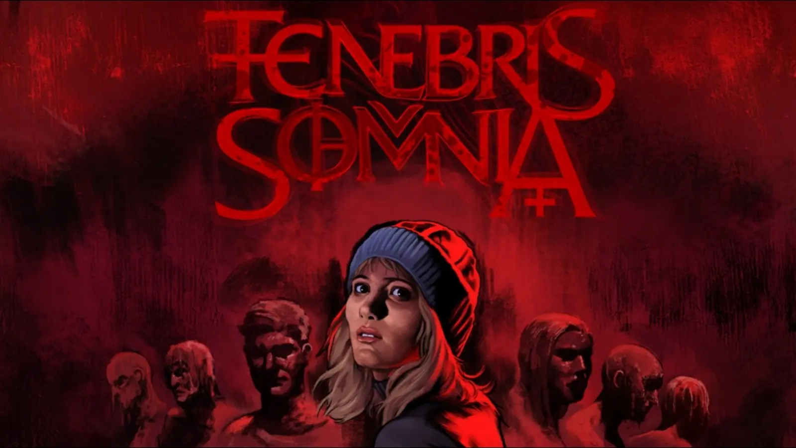 Arte de Tenebris Somnia con la protagonista de gorro rojo delante de una multitud de figuras en sombras