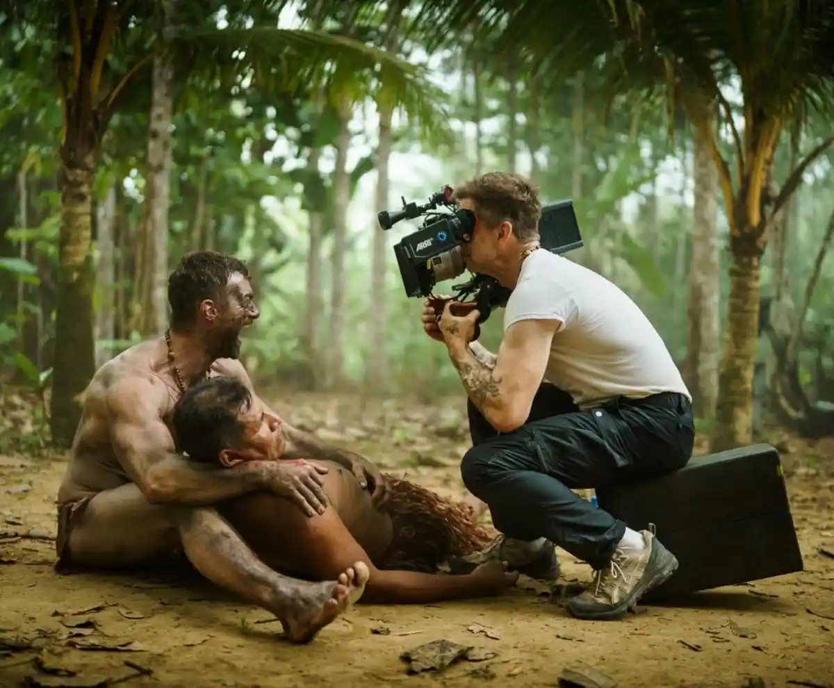 Un camarógrafo filma a un hombre que sostiene a un herido en la selva, en el rodaje de The Last Photograph