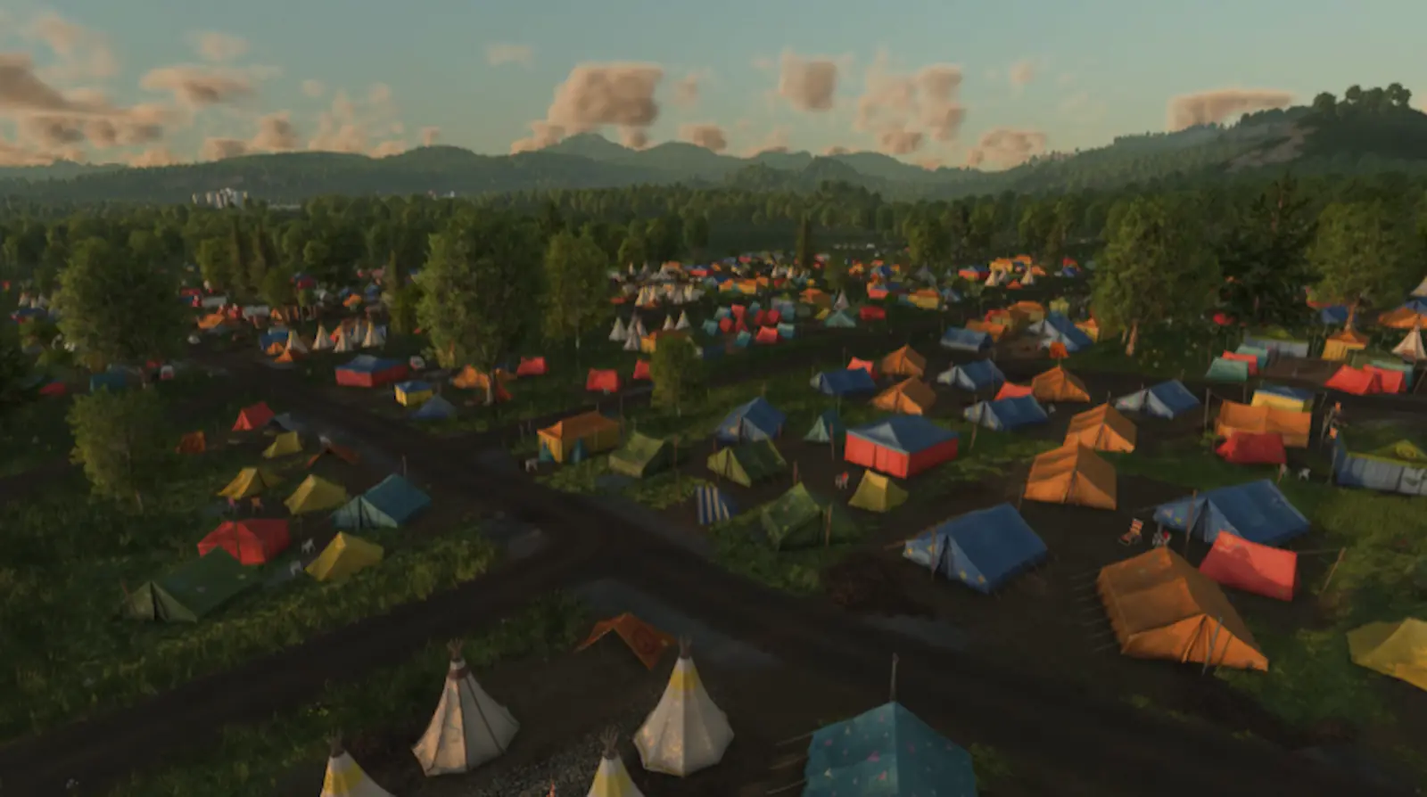 Carpas y domos de colores junto a caminos de tierra en un asentamiento de Transport Fever 3