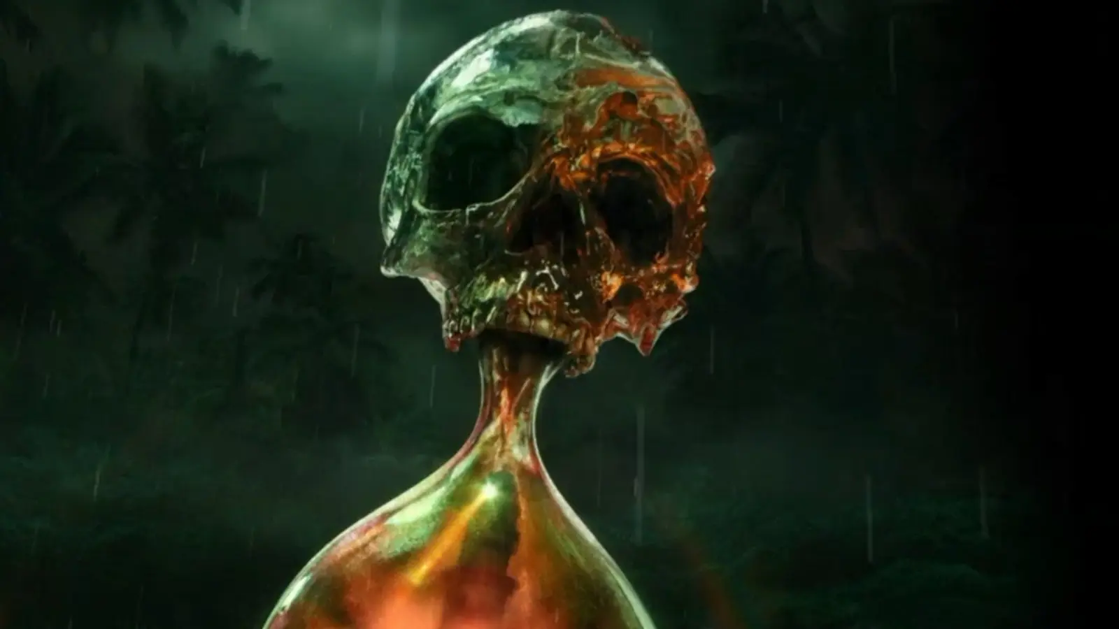 Criatura de cráneo descarnado bajo la lluvia en la selva, en el tráiler de Until Dawn 2 para PS5