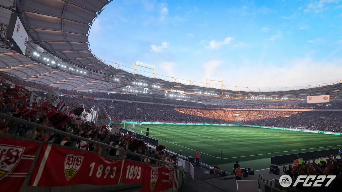 La MHPArena del VfB Stuttgart reconstruida en EA Sports FC 27, con el escudo del club en la tribuna