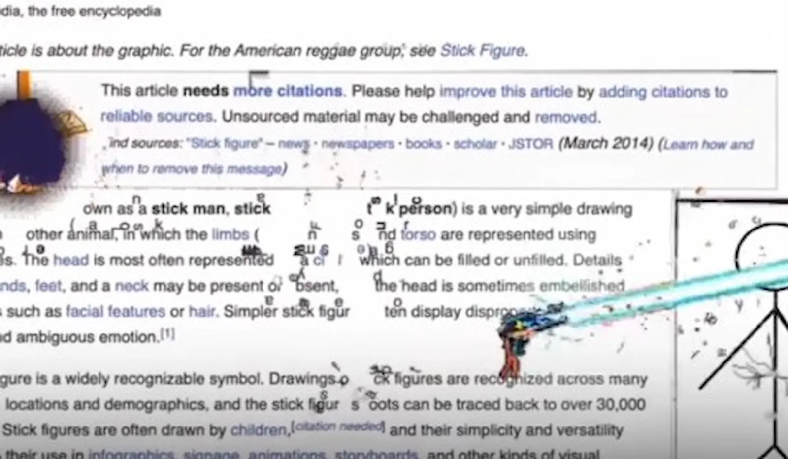 Destroy Any Website en acción: el texto de un artículo de Wikipedia se desarma por los disparos del monigote