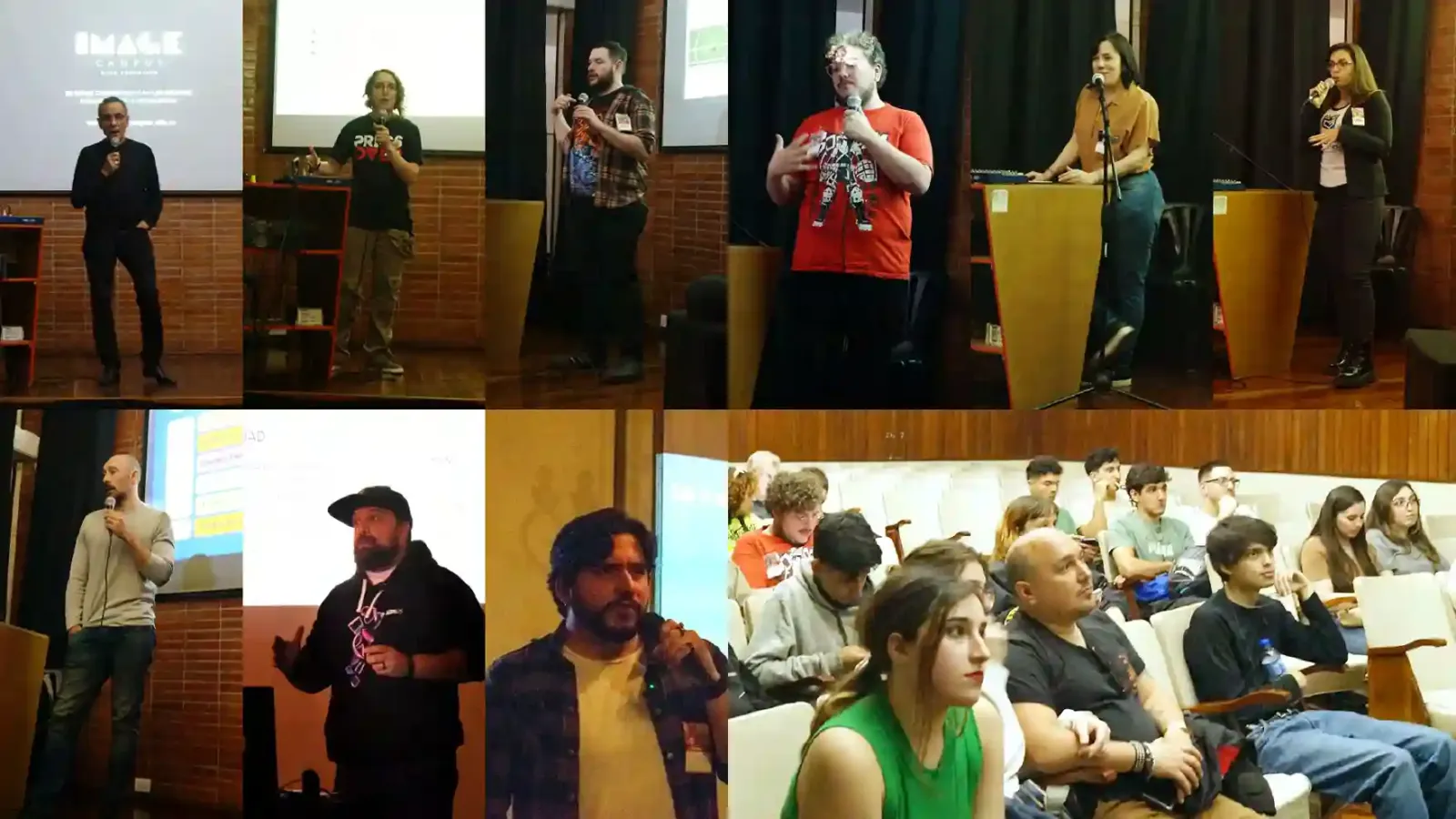 Collage de disertantes dando charlas ante el público en ediciones anteriores de Videojuegos en Rosario