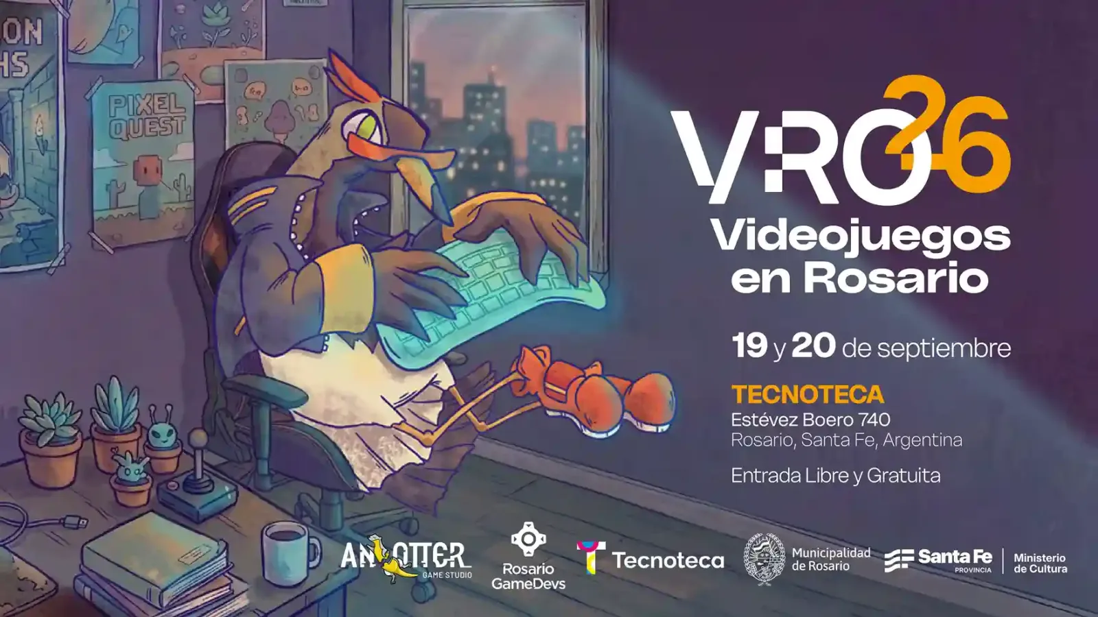 Flyer oficial de Videojuegos en Rosario 2026 (VeRo 26): 19 y 20 de septiembre en la Tecnoteca, con entrada libre y gratuita