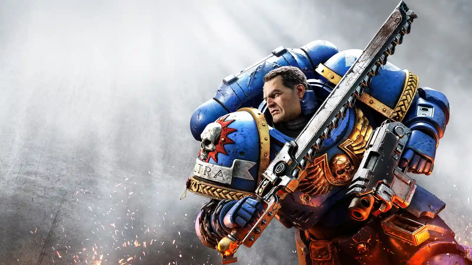 Titus, protagonista de Warhammer 40,000: Space Marine 2, con su espada sierra en el arte oficial del juego