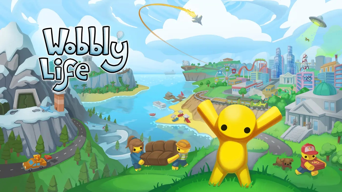 Arte de Wobbly Life con el muñeco amarillo de brazos abiertos sobre la isla del juego, con la ciudad y el mar de fondo