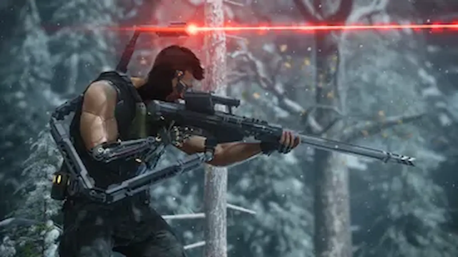 Un francotirador con mira láser apunta en un bosque nevado de Marvel's Wolverine