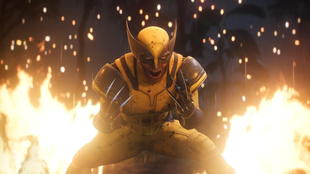 Wolverine con su traje amarillo rodeado de fuego en Marvel's Wolverine