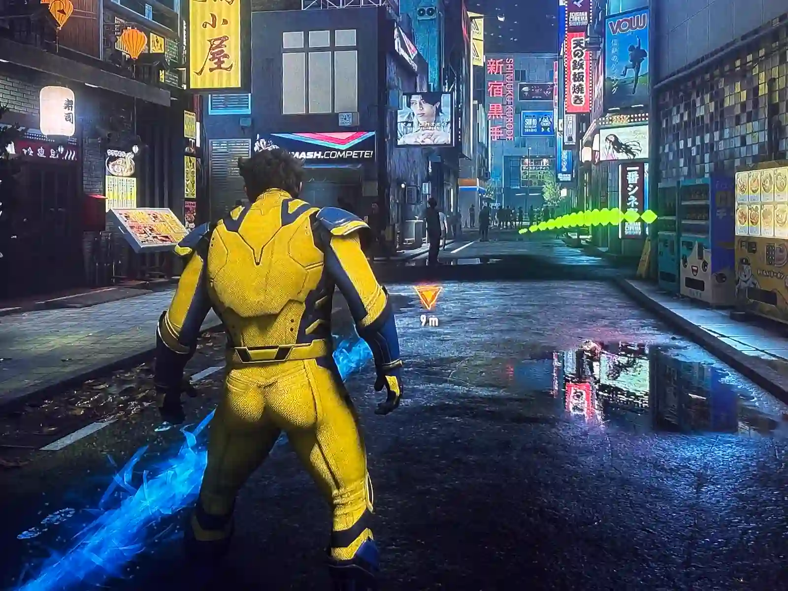Logan camina por una calle nocturna mientras la estela del olfato marca el camino en Marvel's Wolverine