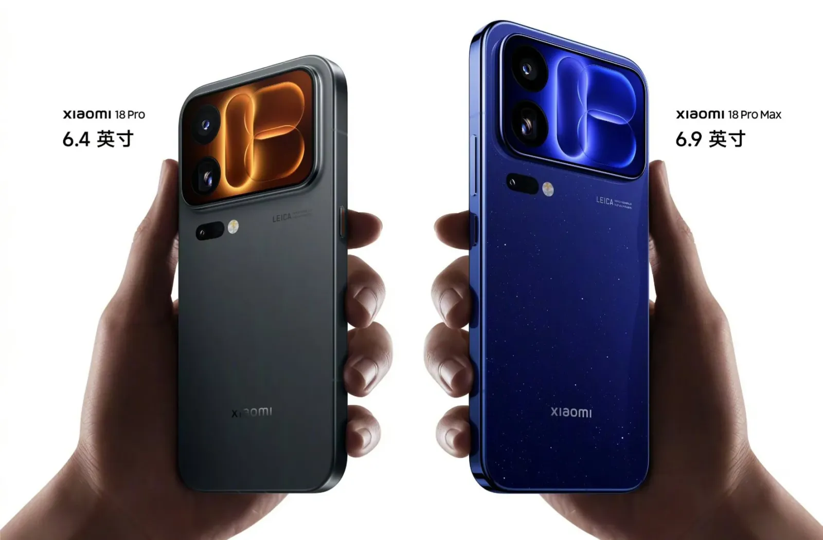 Xiaomi 18 Pro y Xiaomi 18 Pro Max en mano, vistos desde atrás con la pantalla trasera junto a las cámaras