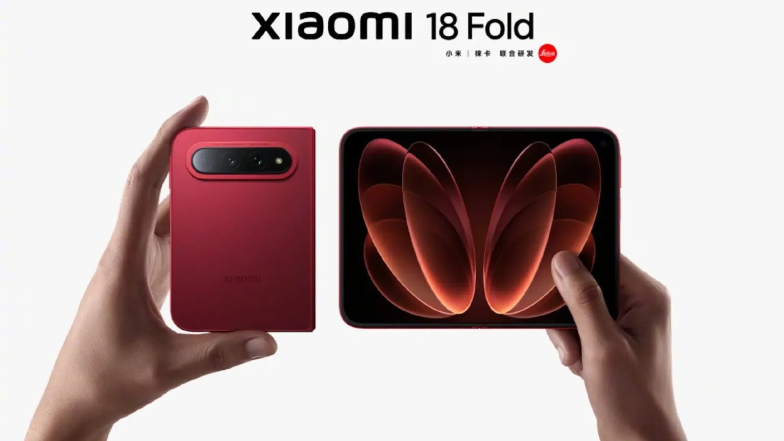 Render oficial del Xiaomi 18 Fold en color rojo, cerrado y abierto, el plegable que la marca mostró en IFA 2026