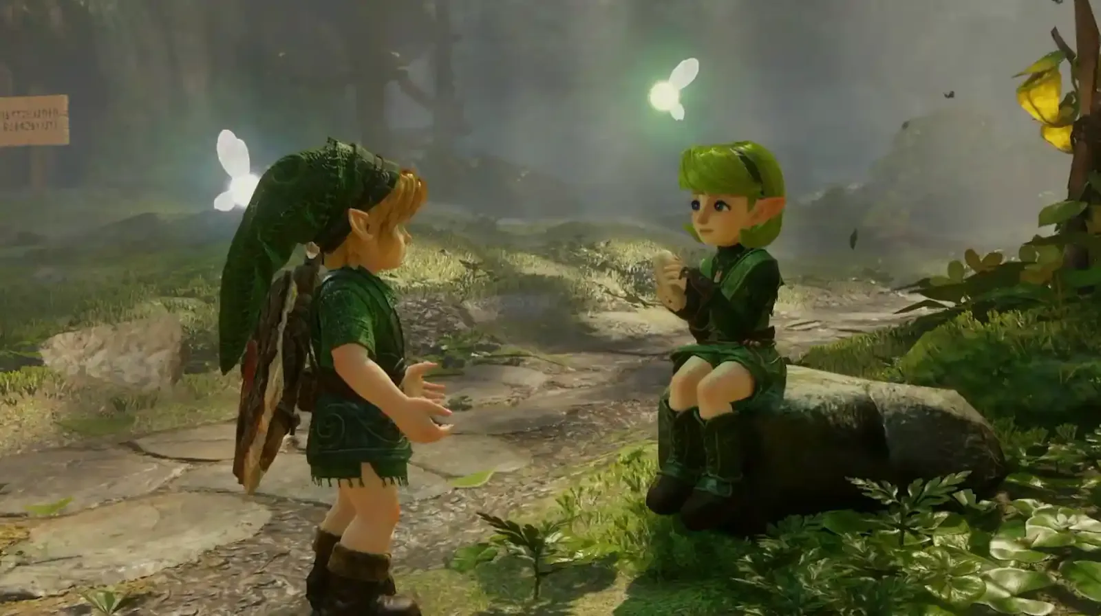 Link niño hablando con una kokiri en el Bosque Kokiri, en el remake de Ocarina of Time para Nintendo Switch 2