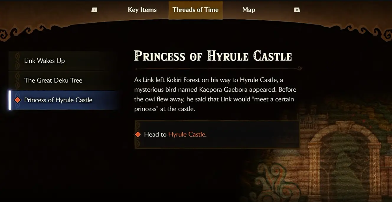 Pantalla de Threads of Time en Ocarina of Time Remake, con el resumen de la historia y el próximo objetivo de Link