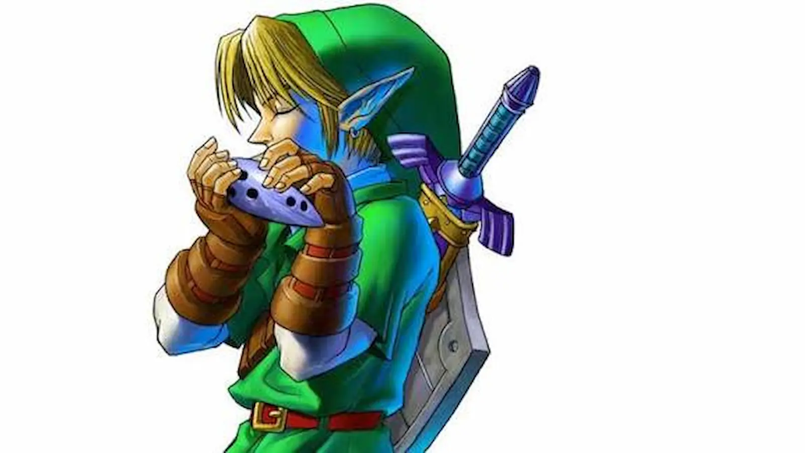 Link toca la ocarina en el arte oficial de The Legend of Zelda: Ocarina of Time, imagen del concierto de Zelda por los 40 años