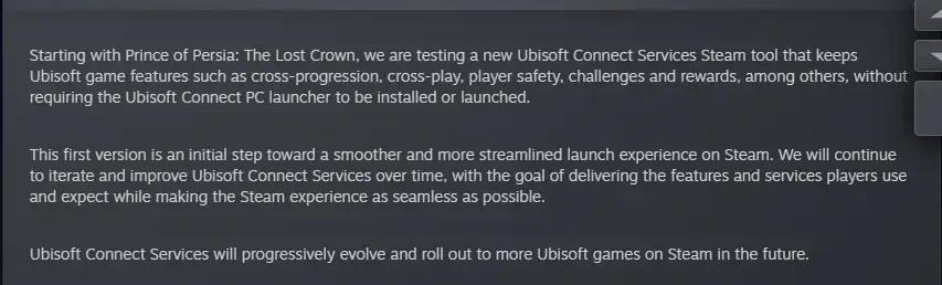Texto del comunicado de Ubisoft sobre Ubisoft Connect Services, publicado en la ficha de Steam de Prince of Persia: The Lost Crown