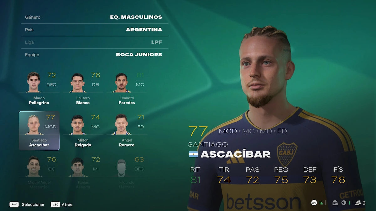 Santiago Ascacíbar con face scan en el plantel de Boca Juniors en EA Sports FC 27