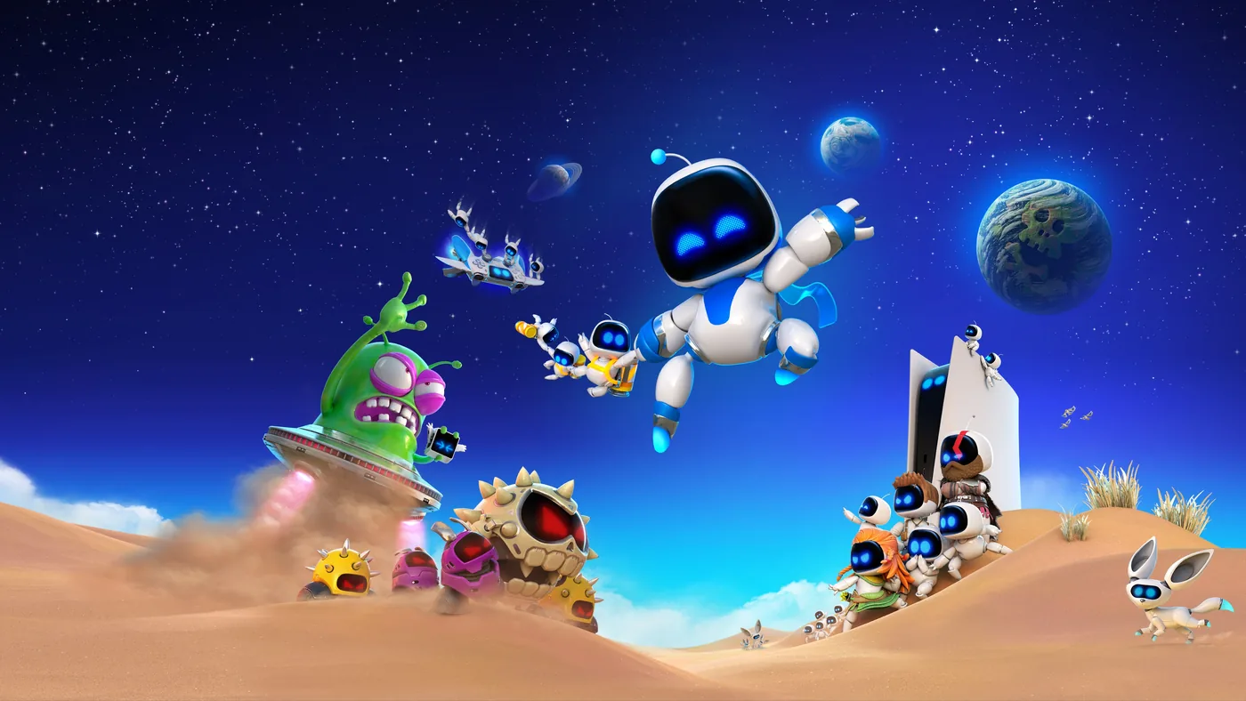 Astro Bot vuela en el espacio rodeado de bots y enemigos, en una imagen oficial del juego de Team Asobi