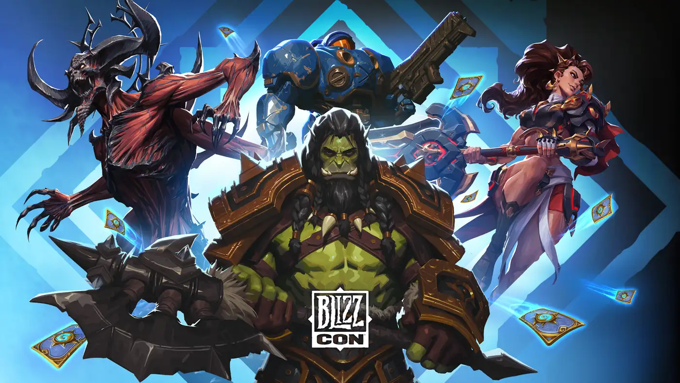 Key art oficial de BlizzCon 2026 con Thrall de Warcraft en el centro, un demonio de Diablo, un marine de StarCraft y una guerrera rodeada de cartas de Hearthstone