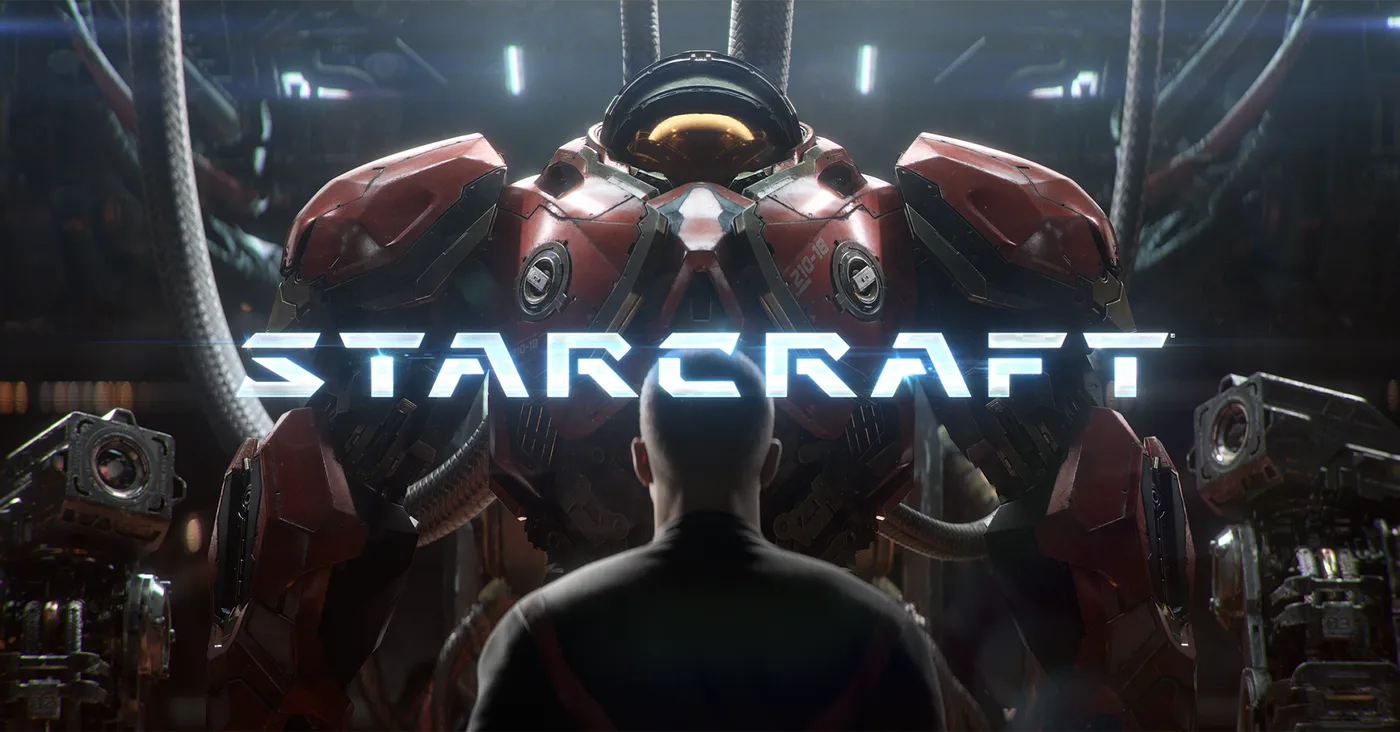 Arte del nuevo StarCraft: un soldado del Dominio de espaldas frente a una armadura de marine en un hangar