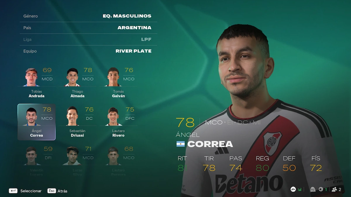 Ángel Correa con face scan en el plantel de River Plate en EA Sports FC 27