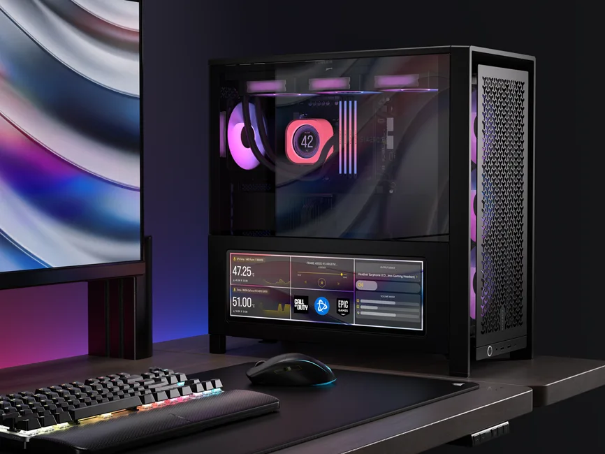 Corsair Xeneon Edge montada dentro de un gabinete, en el lugar de un radiador de 360 mm