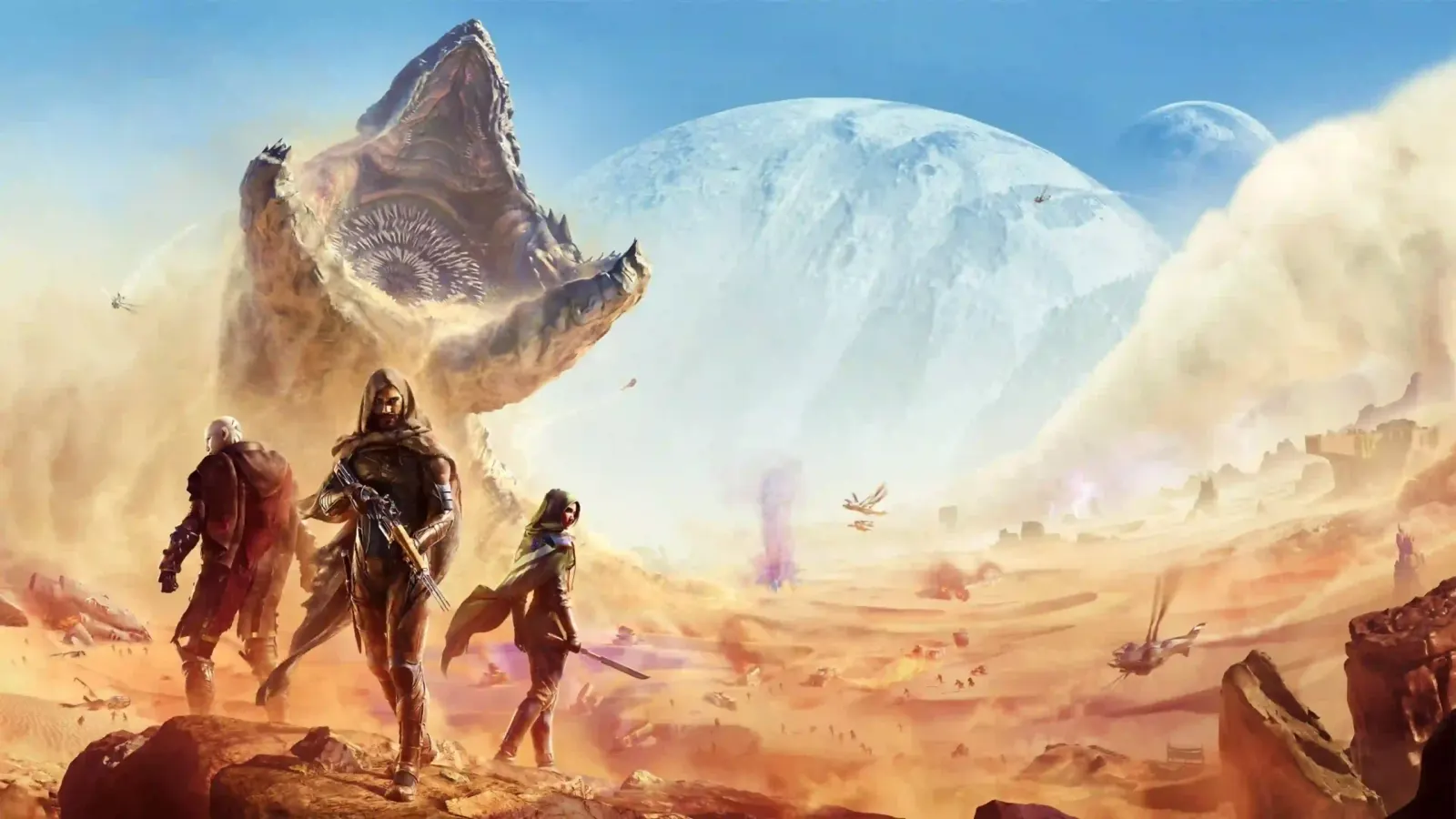 Arte oficial de Dune: Awakening con tres sobrevivientes en el desierto de Arrakis frente a un gusano de arena