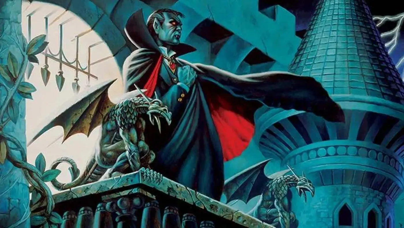 Strahd von Zarovich en un balcón del castillo Ravenloft junto a una gárgola, ilustración del escenario de terror gótico de Dungeons and Dragons