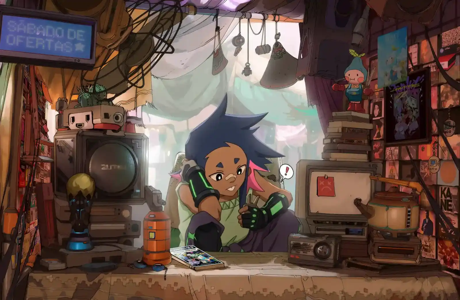Un personaje de Electro Andes sentado en un puesto repleto de televisores viejos y electrónica reciclada, con un cartel de sábado de ofertas