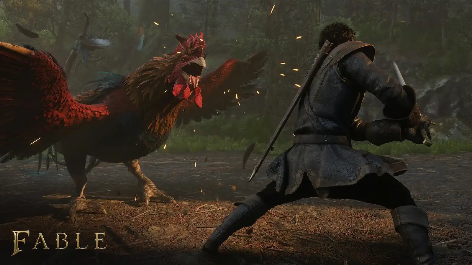 Combate contra un gallo gigante en Fable, el RPG de Playground Games que ahora comparte estudio con Turn 10