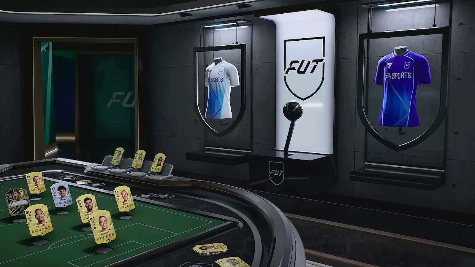 Sala del club de Ultimate Team en EA Sports FC 27 con camisetas exhibidas y cartas de jugadores sobre una mesa