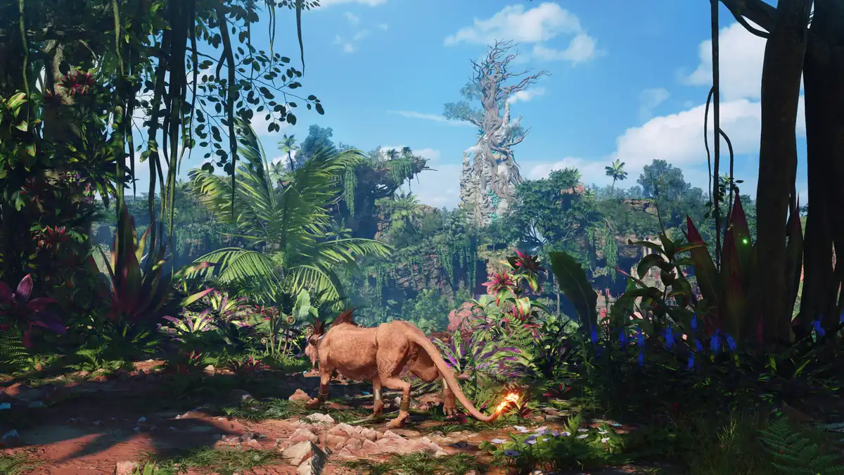 Selva del mundo abierto de Final Fantasy VII Revelation con Red XIII, captura oficial de Square Enix