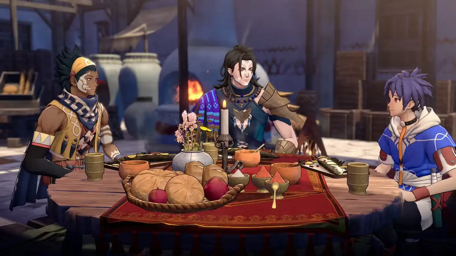 Tres personajes de Fire Emblem: Fortune's Weave compartiendo una comida en la posada, la actividad que sube la afinidad
