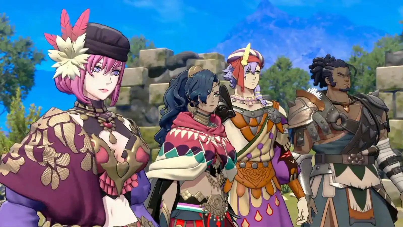 Cuatro unidades de Fire Emblem: Fortune's Weave reunidas al aire libre, las tropas que suben de afinidad con el truco