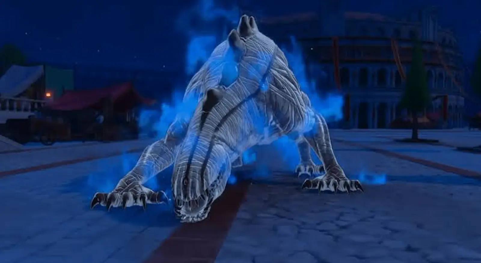 La bestia espectral de Monster in the Night en Fire Emblem: Fortune's Weave, envuelta en fuego azul